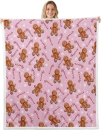 Feelyou Kids Pink Christmas Theme Fleece Throw Blanket Queen 90"x90" Cute Kawaii Gingerbread Man Sherpa Blanket Plush Fuzzy Boys Girls Teens Xmas Snowflake Candy Cane for Bed Couch Chair Living Room
