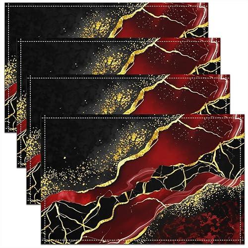 Erosebridal Black Red Golden Marbling Crack 12x18, Marble Place Mat for Women Adults,Fluid Aesthetic Abstract Placemats Set of 4 Art Shiny Galaxy Non Slip Dining Kitchen Table Mats