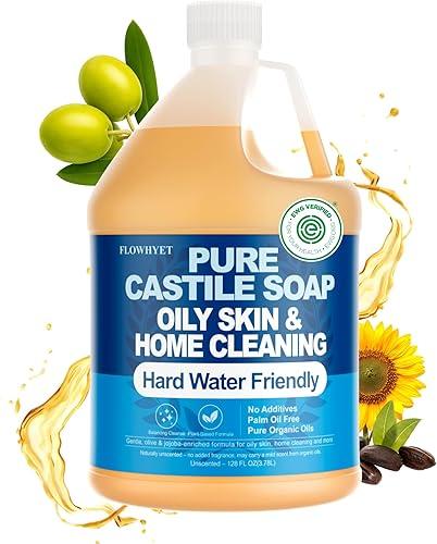 EWG Verified 1Gallon Pure Castile Soap Liquid, Organic Hand Soap Refill, Natural For Hand, Body Wash, Dishes, Home Cleaning Oily Skin, Fragrance Free Hard Water Friendly - Unscented 1Gallon
