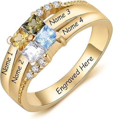 Personalized 1-5 Birthstone Rings for Women, Customized 10K 14K 18K Solid Gold Square Shaped Birthstone Family Mother's Ring Anniversary Ring for Wife Mom Size 4-15