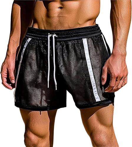 Men's Mesh Shorts Sexy See Through Shorts Sheer Fishnet Drawstring Short Elastic Waist Color Block Short with Pockets