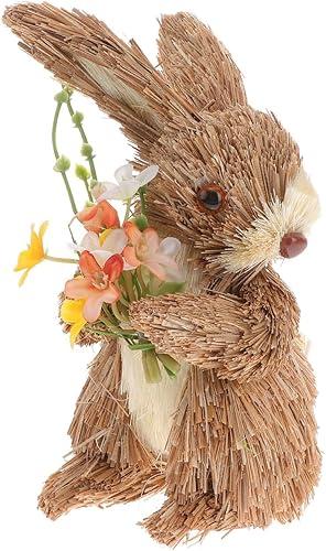 jojofuny Easter Bunny Ornament: Realistic Straw Rabbit Decor Handmade Rattan Woven Bunny Statue for Easter Home Desktop Decoration, 7.9 Inch