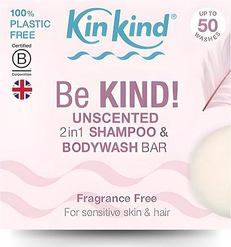 KinKind Be KIND! Unscented Shampoo Bar & BodyWash bar | 2in1 for Hair & Body | Unscented for Sensitive Scalp | Natural Shampoo Bar, Fragrance, Linalool & Limonene Free | Up to 50 Washes