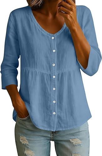 3/4 Sleeve Tops for Women Summer V-Neck Button Down Cotton Linen Shirts Solid Color Loose Dressy Casual Blouses