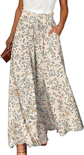 Women's Beach Vacation High Waist Pants Boho Floral Print Palazzo Pants Flowy Wide Leg Trousers with Pockets