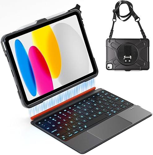 Junfire iPad 11th/10th Generation Case with Detachable Keyboard & Trackpad, 7-Color Backlit, 360° Rotatable Stand, Hand Strap, Carrying Strap, Pencil Holder, Shockproof Case for Business & Education