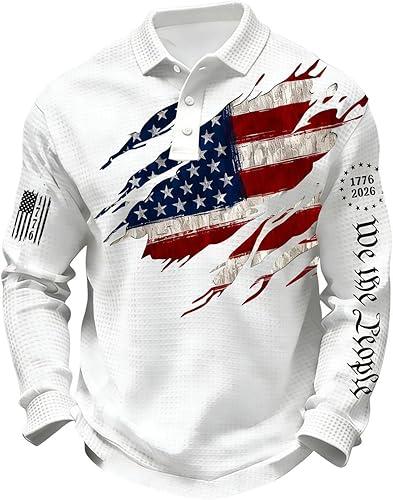USA Shirts Men's 250th Anniversary National Flag Print Casual Waffle Fabric Polo Shirt Cross Patriotic Tee