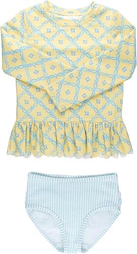 RuffleButts Baby/Toddler Girls Scalloped Long Sleeve Rash Guard 2-Piece UPF50+ Sun Protected Swimsuit