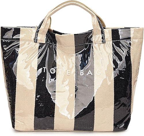 PVC Tote Bag for Women Stripe Letter Print Plastic Tote Bag, Waterproof Large Handbag for Work Daily Travel Christmas Gifting