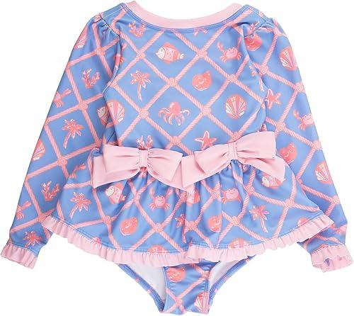 RuffleButts Girls UPF50+ Long Sleeve One Piece Bow Peplum Rash Guard Swimsuit