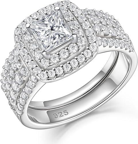 Newshe Jewellery Moissanite Wedding Rings for Women Engagement Ring Sets Cz Bridal Promise Princess Cross Anniversary Band Size 4-13