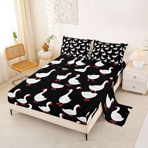 Erosebridal Goose Bed Sheets Set Queen Kawaii Animal Sheet Set Cute White Geese Sheets Black Cute Cartoon Funny Flat Fitted Sheet