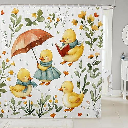 Erosebridal Kids Funny Duck Bathroom Decor - Cute Yellow Ducks Shower Curtain Set for Girls Boys, Country Floral Green Leaf Bathroom Set 72 x 72 Inch, Kawaii Animal Print Fabric Shower Curtain