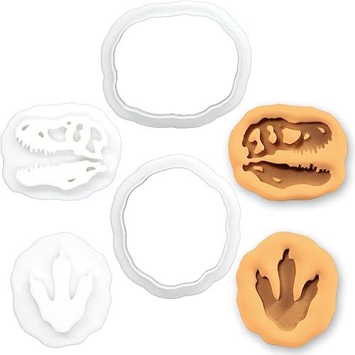 BAKERLOGY Set of 2 T-Rex Footprint & Skull Fossil Mini Cookie Cutter and Stamp Set – Tyrannosaurus Rex Dinosaur Track and Bone Fondant Embosser for Jurassic Period Baking & Prehistoric Crafts
