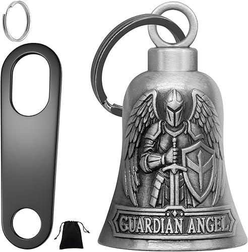 St. Michael Motorcycle Bell Guardian Angel Gremlin Biker Bells for Luck with Motorcycle Bell Hanger, 2 Key Chain Ring Accessories, Velvet Pouch