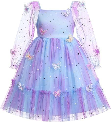 OBEEII Girls Birthday Party Long Sleeve Star Glitters Tulle Tutu Dress Sequins Bowknot Princess Pageant Christmas Dress