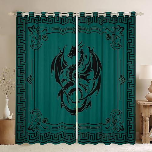 Feelyou Jade Green Black Dragon Curtains for Bedroom Living Room Boho Damask Blackout Shades Boho Room Darkening Curtain Vintage Window Treatments, 2 Panels 42 x 63 Inch Decor