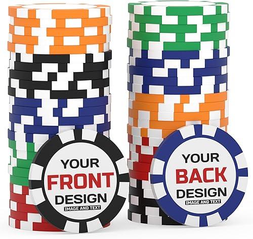 25-500 Custom Poker Chips – 40mm Clay Casino Drink Tokens 11.5g Personalized with Logo, Photo or Text – Drink Tokens for Events, Bars, Business Card & Promotions