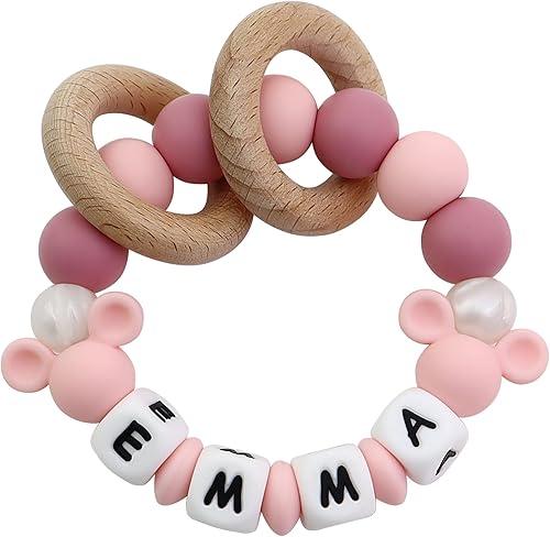 Personalized Baby Teether Rattle with Name - Custom Wooden Teething Toy for Boys & Girls - Handmade Mouse Keepsake Baby Shower Gift (Pink)