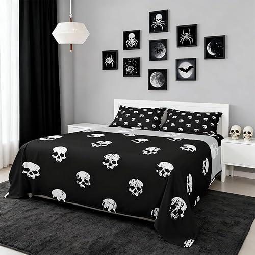 Castle Fairy White Skull Bed Sheet Set 4 Piece,Gothic Skeleton Graffiti Sheets Twin Size Bed Set,Black and White Bedding Set with Flat,Fitted Sheet,1 Pillow Cases