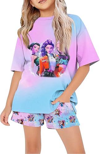Girls Kpop Tie Dye T-Shirt and Shorts Set 2 Piece Short Sleeve Tee with Demon Themed Print for Kids Hunters Outfit