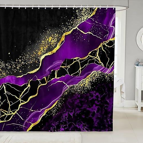 Erosebridal Aesthetic Shower Curtain 72" Wx72 L Marble Bathroom Accessories for Kids Girls Boys Shiny Crack Fluid Golden Galaxy Abstract Black Dark Purple Waterproof Bath Curtain
