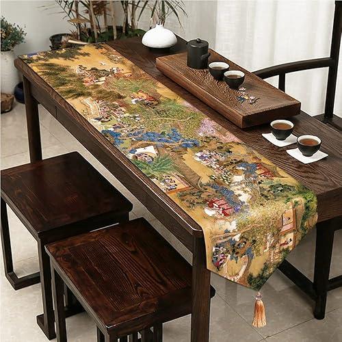 Double-Layer Table Runner 20x108 Bed Runner Classic Chinoiserie Print The Dream of Red Mansion Chinese Ancient Garden Scroll Table Runner, Traditional Court Scene Decor with Tassels