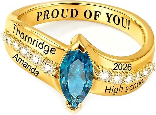 10K/14K/18K Gold Class Ring for Women Customized High School College Ring Personalized Birthstone Ring Graduation Gift for Women Size 3-16