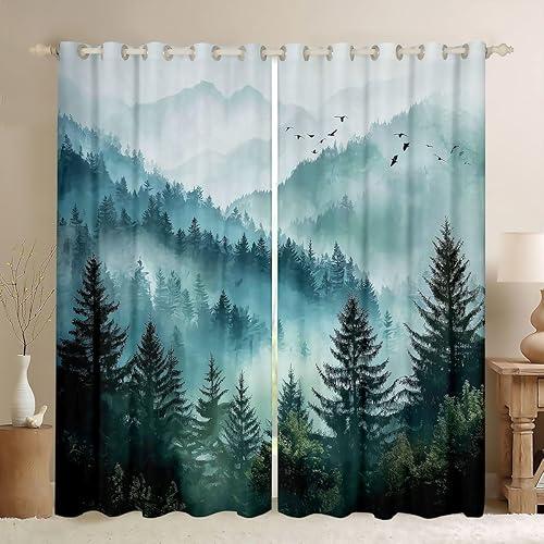 Erosebridal Foggy Mountain Window Curtains 42" Wx63 L Green Forest Pine Tree Blackout Curtains for Bedroom Living Room,Nature Misty Woodland Window Treatments Flying Bird Drapes 2 Panels