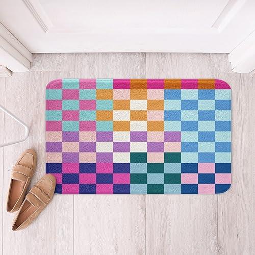 Feelyou Multicolored Checkered Retro Bathroom Rugs Kids Boys Girls Geometric Vintage Bath Mats for Bathroom 16x24 Inches Rainbow Colorful Modern Groovy Aesthetic Room Decor