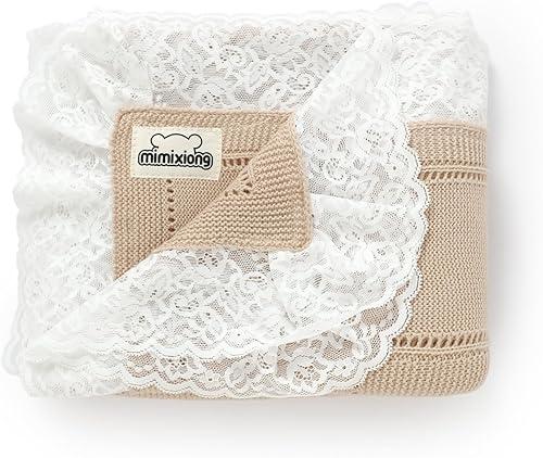 mimixiong 100% Pure Cotton Baby Blanket Extra Soft Cellular Neutral Swaddle Receiving Crib Blanket for Newborn Baby Boy Girl Size 30 x 40 inches (Camel -lace)