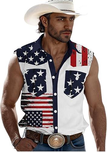 Mens Sleeveless 4th of July Shirts Casual Stars and Stripes Printed Shirt Button Down Collar Tank Top with Pockets