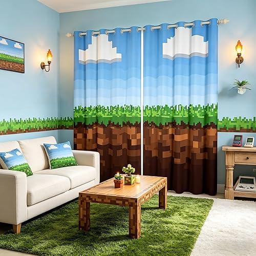 Manfei Pixel Game Window Drapes,Video Games Clouds Blue Sky Blackout Curtains,Geometric Lattice Gamepad Nursery Bedroom Playroom Decor,Blue Brown 2 Panels,52Wx84L inch