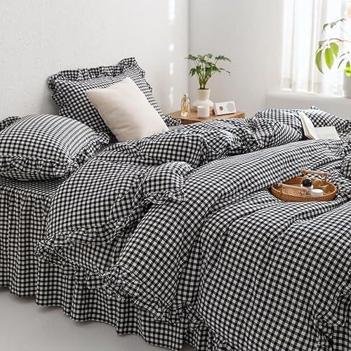 MKXI Black and White Gingham Duvet Cover Twin, 3-Piece Ruffled Bedding Set - 100% Washed Cotton, Lightweight & Breathable - Modern Graphic Bold Comforter Cover for Farmhouse