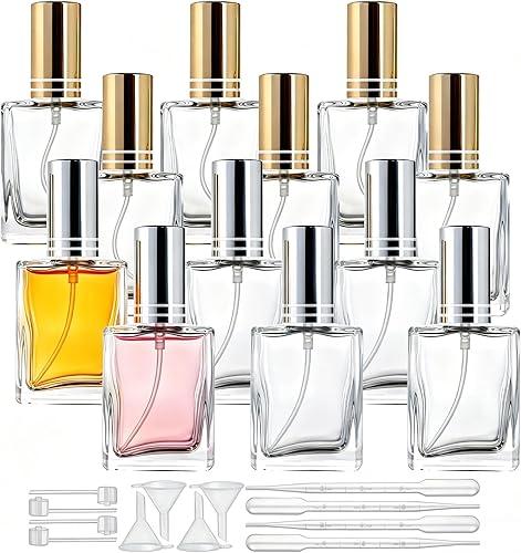 YU FENG 12 Pack 15ml Clear Glass Perfume Bottles Empty, Refillable Fine Mist Spray Atomizer Bottles with Gold & Silver Caps for Fragrance, Essential Oil, Cologne, Travel Size