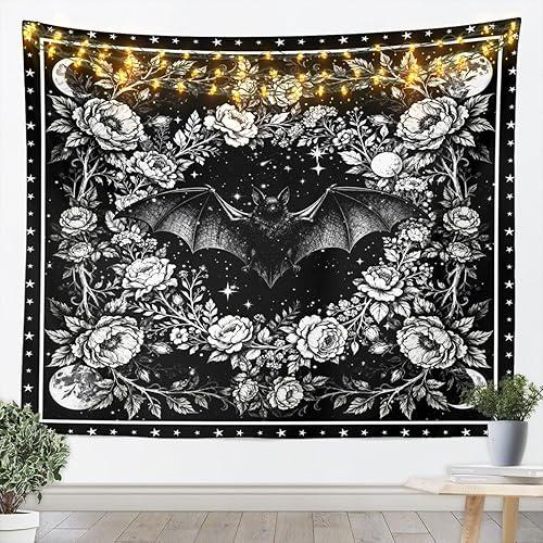 Erosebridal Goth Tapestry for Bedroom | Halloween Bats Wall Tapestry Aesthetic Spooky Vintage Floral Tapestries Large 59x82, Galaxy Moon Flowers Hanging Wall Art Black Gothic Decor