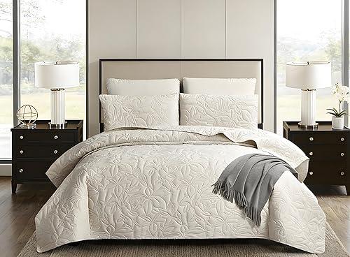 Quilts king Size Bedding Set Beige Bedspreads 3 Pieces (1 Quilt, 2 Pillow Shams) Soft Bed Summer/Fall Lightweight Breathable Bedspread Comforter Modern Style Plant and Flower for All Season | Skin-Friendly Soft, All-Season Comfort, Breathable, Lightweight, Machine Washable