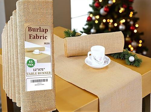 MDS 15 Pack Wedding Natural Burlap Table Runners 12 x 72 Inch Rustic Farmhouse Jute Country Vintage Runner for Wedding and Home Decor, Table Decorations , Party, BBQ's & Outdoor Tables- Natural — 36% off
