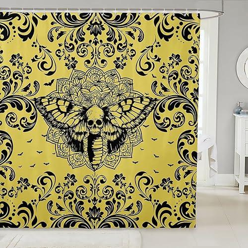 Erosebridal Halloween Moth Pattern Bathroom Curtain Gold Black Gothic Shower Curtain 72" Wx72 L Goth Boho Damask Floral Bathroom Accessories for Kids Adults,Halloween Animal Print Shower Decor