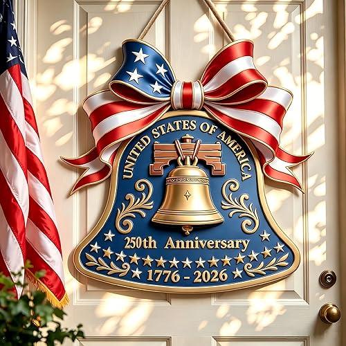ArogGeld Patriotic Wreaths For Front Door 250 Anniversary USA Decorations Liberty Bell Sign Wreath For Front Door Sign 4th Of July Hanging Wall Decor For Home Outdoor Indoor Party Supply 12in