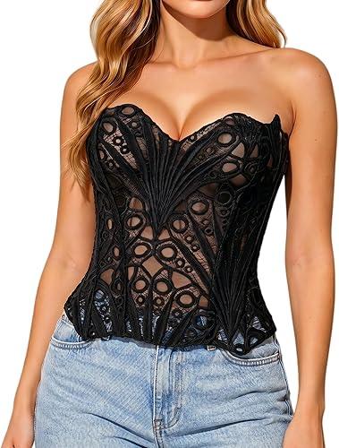 Corset Tops for Women Lace Up Overbust Bustier Sexy Floral Lace Waist Cincher Going Out Club Party Y2K Tops