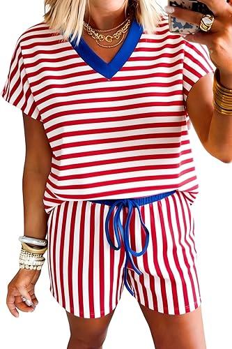 Ecosunny Womens 2 Piece Lounge Sets Matching Sets Stripe Colorblock Trim V Neck Tee Drawstring Elastic Waist Short Sweatsuit