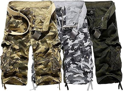 Men's Casual Cotton Camouflage Cargo Shorts Lightweight Multi Pocket Hiking Shorts Knee Length Camo Pant No Belt