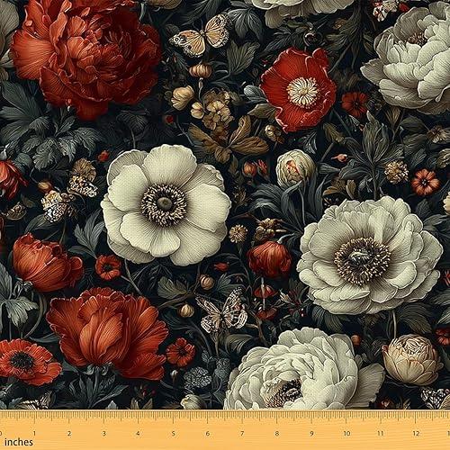 Erosebridal Garden Floral Fabric by The Yard Red White Peony Flowers Upholstery Fabric Groovy Flower Floral Decorative Fabrics Farmhouse Vintage Butterfly DIY Art,Red White Black,10 Yards