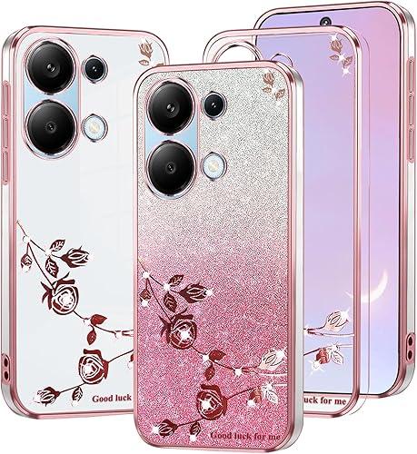 Phone Case for Xiaomi Redmi Note 13 4G Clear Glitter Floral, Cute Slim for Redmi Note 13 4G Case Silicone Shockproof Protective Women Girls Cover Sparkle Aesthetic (Pink)