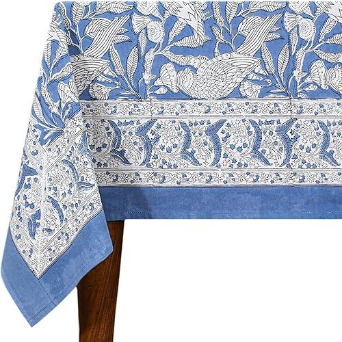 72x72 Inches Square Hand Block Printed Cotton Tablecloth, White Blue Floral Table Cloths Washable, Indian Table Linen for Valentine Thanksgiving Gifts Home Decor Dinning Outdoor