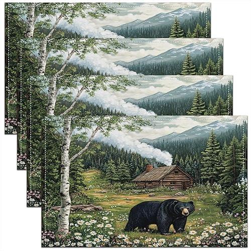 Feelyou Black Bear Table Place Mats Rustic Cabin Country Placemats Set of 4 for Kids Boys Girls Teens Wild Animal Farmhouse Placemat for Kitchen Dining Table 18"x12" Tree Table Mats