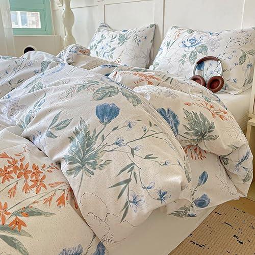 EAVD Cotton Duvet Cover King Size Floral Print Duvet Cover Soft Chic Shabby Garden Colorful Floral Bedding Set with 2 Pillowcases Fresh Spring Botanical Comforter Cover with Zipper Closure