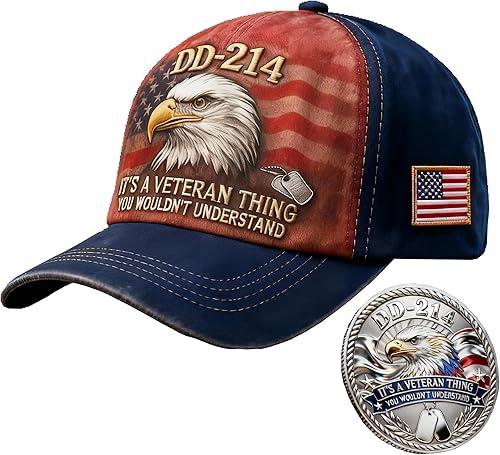 Veteran Pride DD-214 Military Baseball Cap and Commemorative Coin Set, A Gift for Patriotic Retired Soldiers and Veterans Day