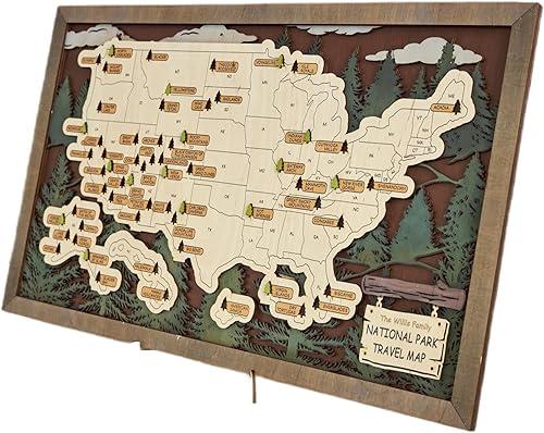 US Wooden National Parks Travel Map With Trees To Record Park Visits (Size XL: 27 x 17 inch)